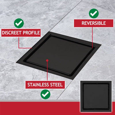 SPARES2GO Shower Floor Drain Grate Tile Insert Invisible Stainless Steel Square Grid (Matt Black, 6" / 155mm)