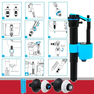 SPARES2GO Toilet Cistern Fill Valve Universal Dual Height Adjustable 4-in-1 Water Float Kit (Bottom or Side Entry)