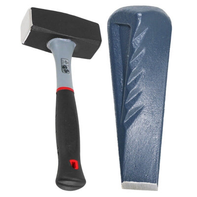 SPARES2GO Twisted Log Splitter 2.5KG 9" Steel Wedge + 2KG Lump Sledge Club Hammer Heavy Duty Kit