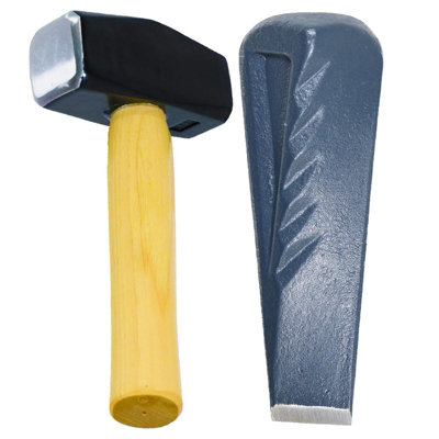 SPARES2GO Twisted Log Splitter 2.5KG 9" Steel Wedge + 4lb Lump Club Hammer Mallet Heavy Duty Kit