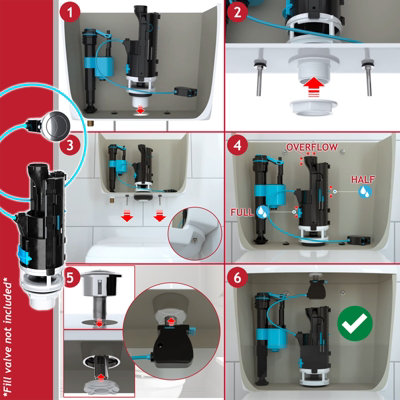 SPARES2GO Universal Dual Flush Toilet Valve 1.5" 2" WC Cistern Push Button Kit (570mm Cable)