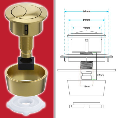 SPARES2GO Universal Toilet Cistern Dual Flush Push Button Kit for 20mm 40mm 50mm 60mm Lid Hole (Brushed Brass)