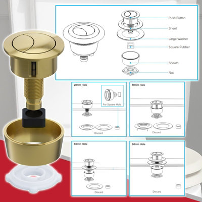 SPARES2GO Universal Toilet Cistern Dual Flush Push Button Kit for 20mm 40mm 50mm 60mm Lid Hole (Brushed Brass)