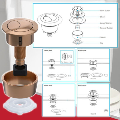 SPARES2GO Universal Toilet Cistern Dual Flush Push Button Kit for 20mm 40mm 50mm 60mm Lid Hole (Brushed Copper)