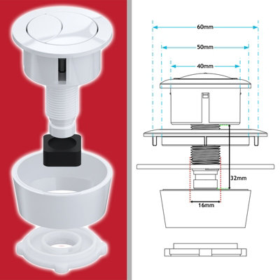 SPARES2GO Universal Toilet Cistern Dual Flush Push Button Kit for 20mm 40mm 50mm 60mm Lid Hole (Gloss White)