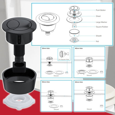 SPARES2GO Universal Toilet Cistern Dual Flush Push Button Kit for 20mm 40mm 50mm 60mm Lid Hole (Matt Black)