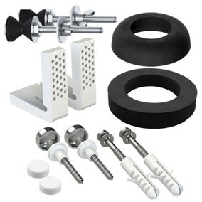 SPARES2GO Universal Toilet Fixing Kit (Angled Pan Floor Bracket + Cistern Leak Seal Accessory Set)
