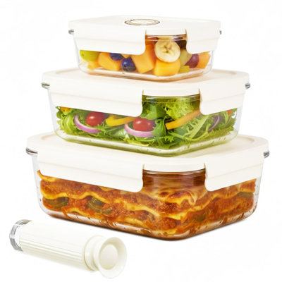 SPARES2GO Vacuum Food Storage Glass Containers with Securing Clips Lids ...