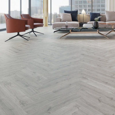 SPC Click Flooring Composite Plank Flooring - Underlay Installed - Chateau Mid Grey Herringbone Style 2.22m2 Pack
