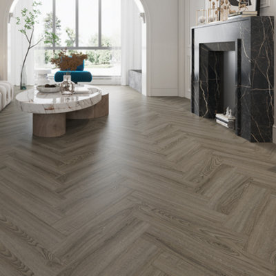 SPC Click Flooring Composite Plank Flooring - Underlay Installed - Dark Empire Grey Herringbone Style 2.22m2 Pack