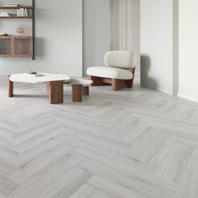 SPC Click Flooring Composite Plank Flooring - Underlay Installed - Oxford Light Grey Herringbone Style 2.22m2 Pack
