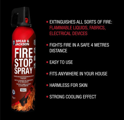 Spear and Jackson - 750g Fire Stop Spray - 10 in 1 fire extinguisher - Non-toxic, and stain-resistant