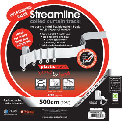Speedy 5m Bendable Curtain Track for Straight & Bay Window Rail, Enough for 3 Standard Windows, Top or Face Fix All Fixings, White