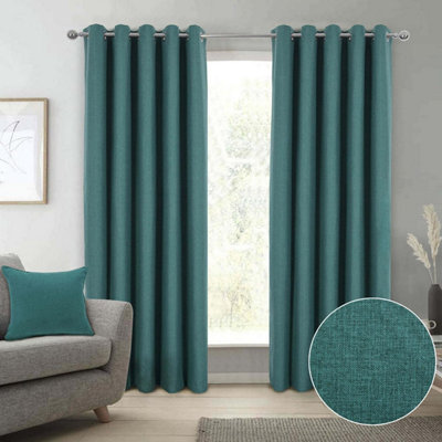 Spencer Plain Textured Faux Wool Lined Blackout Eyelet Curtains for Living Room or Bedroom - 114 x 137cm, Green