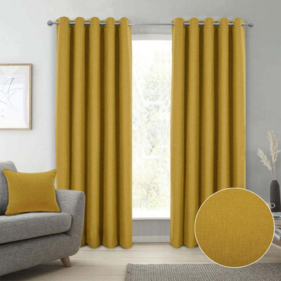 Spencer Plain Textured Faux Wool Lined Blackout Eyelet Curtains for Living Room or Bedroom - 165 x 183cm, Ochre