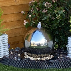 Sphere Modern Metal Solar Water Feature - Solar Powered  - Stainless Steel - L40 x W40 x H45 cm