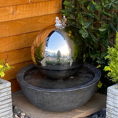 Sphere Resin Base Modern Metal Solar Water Feature Solar Powered Stainless Steel L40 x W40