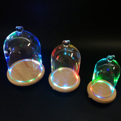 Spherical Immortal Glass Cover with Wood Base and Colorful Light 18CM