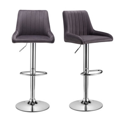 Spinningfield Bar Stools Set of 2, Velvet Grey Kitchen Stools, Gas Lift Bar Stools with Adjustable Height, Chrome Footrest & Base