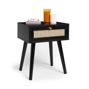 Spinningfield Black Side Table, 1 Storage Drawer End Table, Bedside Table & Nightstand, Art Deco Cane Front Sofa & Drinks Table