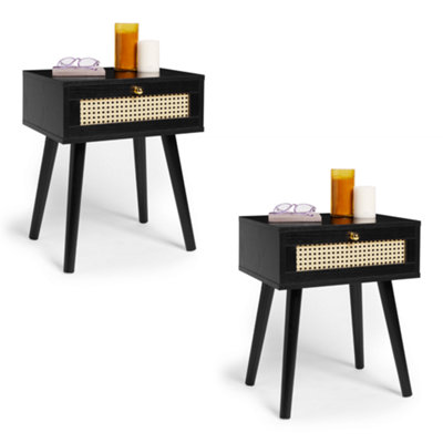 Spinningfield Black Side Table Set of 2, 1 Storage Drawer End Table, Bedside Table & Nightstand, Cane Front Sofa & Drinks Table