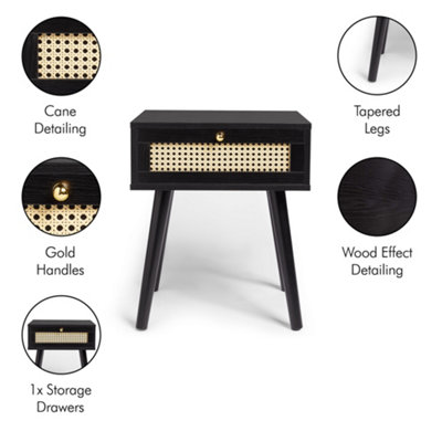 Spinningfield Black Side Table Set of 2, 1 Storage Drawer End Table, Bedside Table & Nightstand, Cane Front Sofa & Drinks Table