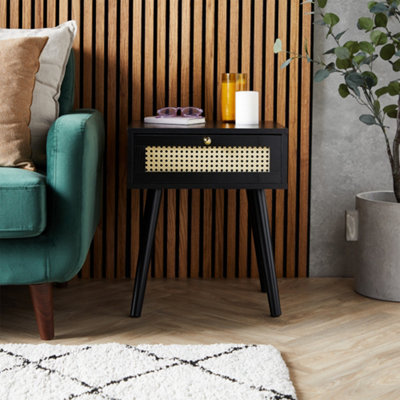 Spinningfield Black Side Table Set of 2, 1 Storage Drawer End Table, Bedside Table & Nightstand, Cane Front Sofa & Drinks Table