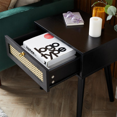 Spinningfield Black Side Table Set of 2, 1 Storage Drawer End Table, Bedside Table & Nightstand, Cane Front Sofa & Drinks Table