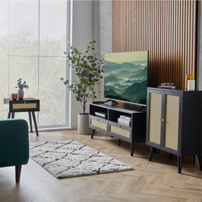 Spinningfield Black Side Table Set of 2, 1 Storage Drawer End Table, Bedside Table & Nightstand, Cane Front Sofa & Drinks Table