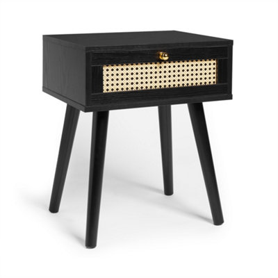 Spinningfield Black Side Table Set of 2, 1 Storage Drawer End Table, Bedside Table & Nightstand, Cane Front Sofa & Drinks Table