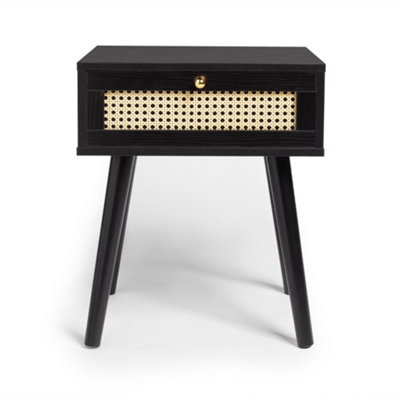 Spinningfield Black Side Table Set of 2, 1 Storage Drawer End Table, Bedside Table & Nightstand, Cane Front Sofa & Drinks Table