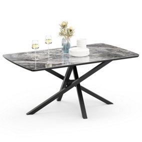 Spinningfield Dining Table, 6 Seater Kitchen Table for Dining Room, Black Marble Effect Dinner Table with Cross Legs, Atherton