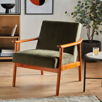 Spinningfield Fairfield Frame Lounge Chair, Green Velvet Accent Armchair with Wood Legs, Industrial Design Reading & Corner Chair