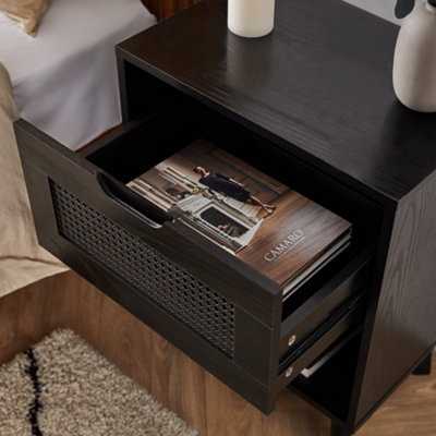 Spinningfield Rattan Bedside Tables Set of 2 Matching Black Nightstands Pair of Bedside Cabinets w Open