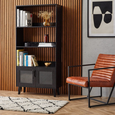 Spinningfield Rattan Bookcase - Tall Black Bookshelf for Living Room - Large Wood Effect Shelving Display Unit w/ 3 Open Shelves