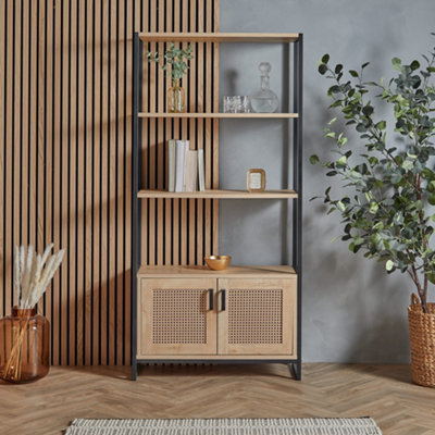 Spinningfield Rattan Bookshelf, Tall Bookcase for Living Room, Large Shelving Display Unit With 3 Open Shelves & Storage Cupboard