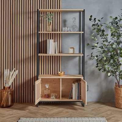 Spinningfield Rattan Bookshelf, Tall Bookcase for Living Room, Large Shelving Display Unit With 3 Open Shelves & Storage Cupboard