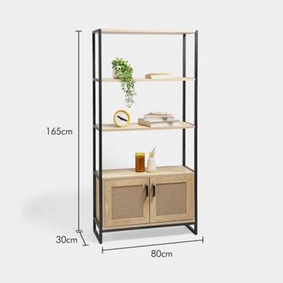 Spinningfield Rattan Bookshelf, Tall Bookcase for Living Room, Large Shelving Display Unit With 3 Open Shelves & Storage Cupboard