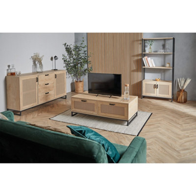Spinningfield Rattan Bookshelf, Tall Bookcase for Living Room, Large Shelving Display Unit With 3 Open Shelves & Storage Cupboard