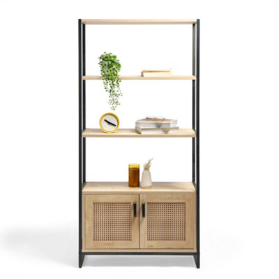 Spinningfield Rattan Bookshelf, Tall Bookcase for Living Room, Large Shelving Display Unit With 3 Open Shelves & Storage Cupboard
