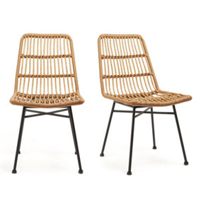 Spinningfield Rattan Dining Chairs Set of 2, Wicker Kitchen Chairs w/ Black Metal Legs, Boho Style Kitchen & Dining Room Furniture