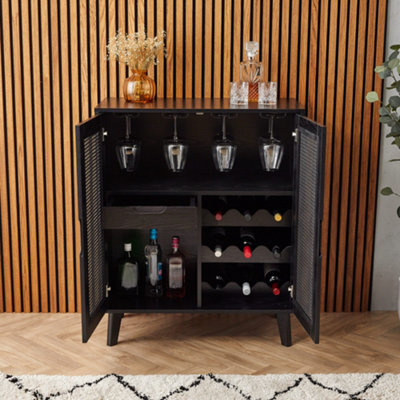 Spinningfield Rattan Drinks Cabinet Black Wine Cabinet Bar Cabinet w 4x Wine Glass Rails 9x Wine
