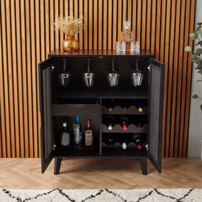 Spinningfield Rattan Drinks Cabinet, Black Wine Cabinet, Bar Cabinet w/ 4x Wine Glass Rails, 9x Wine Bottle Slots, Storage Drawer