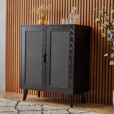 Spinningfield Rattan Drinks Cabinet Black Wine Cabinet Bar Cabinet w 4x Wine Glass Rails 9x Wine