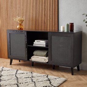 Spinningfield Rattan Sideboard, Black Storage Cabinet for Living Room, Wood Effect Storage Unit w/Open Shelving & Tapered Legs