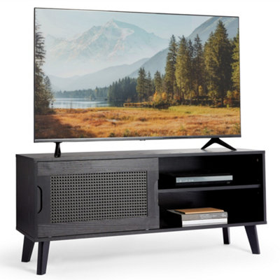 Spinningfield Rattan TV Unit, Black TV Stand Cabinet for up to 55", Wood Effect Entertainment Unit w/ Storage Cupboard & Shelving