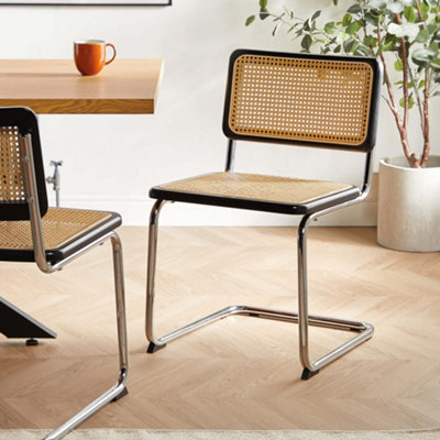 Spinningfield Set of 2 Dining Chairs, Matching Cantilever Chairs for Dining Room, Black & Rattan Chair w/Silver Metal Legs