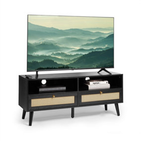 Spinningfield TV Unit, Black TV Cabinet for TVs up to 55", Art Deco Cane TV Entertainment Unit, 2 Storage Drawers & 2 Open Shelves