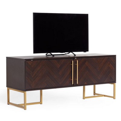 Industrial Solid Wood TV Stand Cabinet Parquet Herringbone Black