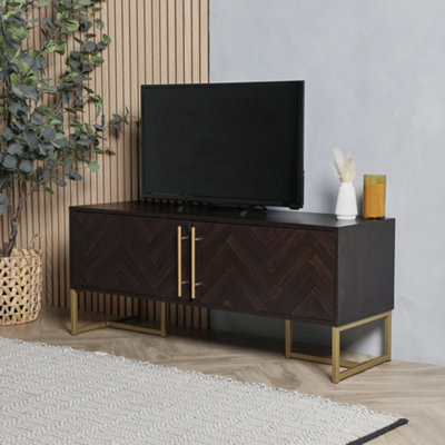 Industrial Solid Wood TV Stand Cabinet Parquet Herringbone Black